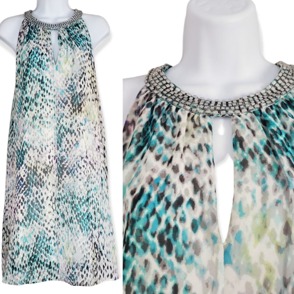 NWOT Vince Camuto white & blue snake print halter sheath dress Womens 8